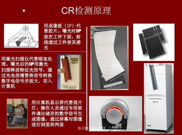 CR檢測(cè)原理：用成像板代替膠片，曝光時(shí)成像片放在工件下面，射線透過工件使其感光；曝光后的成像板用激光掃描釋放特征光信號(hào)，通過光電轉(zhuǎn)換存入計(jì)算機(jī)