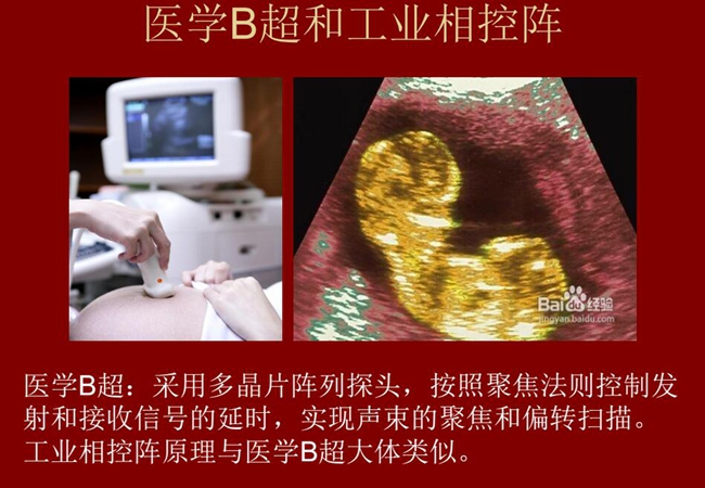 工業相控陣原理與醫學B超大體類似，醫學B超采用多晶片陣列探頭，按照聚焦法則控制發射和接收信號的延時，實現聲束的聚焦和偏轉掃描