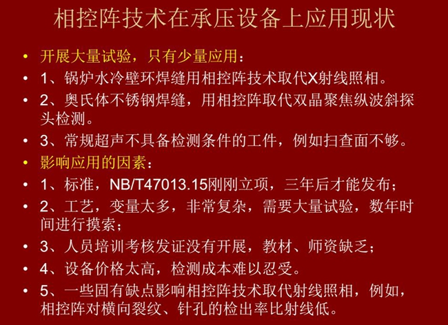 相控陣技術在承壓設備上目前只有少量應用，主要是因為：工藝復雜、價格高昂、標準制定滯后、人員培訓考核、教材、師資缺乏等