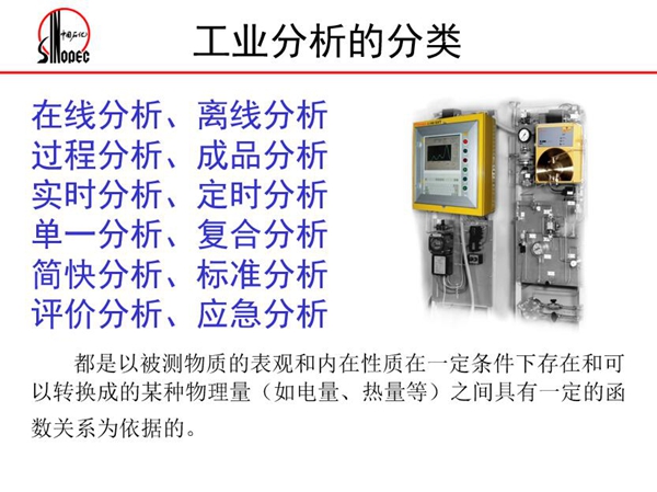工業分析的分類：在線分析、離線分析、過程分析、成品分析、實時分  析、定時分析、單一分析、復合分析、標準分析等。