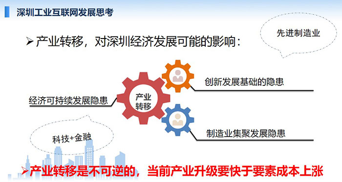 產(chǎn)業(yè)轉(zhuǎn)移，對(duì)深圳經(jīng)濟(jì)發(fā)展可能的影響：創(chuàng)新發(fā)展基礎(chǔ)的隱患、經(jīng)濟(jì)可持續(xù)發(fā)展隱患、制造業(yè)集聚發(fā)展隱患；產(chǎn)業(yè)轉(zhuǎn)移是不可逆的， 當(dāng)前產(chǎn)業(yè)升級(jí)要快于要素成本上漲