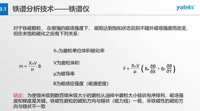 鐵譜儀中顆粒的沉積過程：含有磨粒的油樣流經(jīng)磁場(chǎng)時(shí)，磨粒受到重力、 液體浮力、 磁場(chǎng)力和顆粒 下落過程中所受油液粘滯阻力的聯(lián)合作用。  重力和浮力的合力同磁場(chǎng)力相比是很小的，可以忽略不計(jì)，在磨粒的沉積過程中，磁場(chǎng)力和粘滯阻力起著決定性的作用。