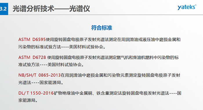 ASTM D6595使用旋轉(zhuǎn)圓盤電極原子發(fā)射光譜法測定在用潤滑油或液壓油中磨損金屬和污染物的標(biāo)準(zhǔn)試驗(yàn)方法----美國材料試驗(yàn)協(xié)會。   ASTM D6728 使用旋轉(zhuǎn)圓盤電極原子發(fā)射光譜法測定燃?xì)鈾C(jī)和柴油機(jī)燃料中污染物的標(biāo)準(zhǔn)試驗(yàn)方法----美國材料試驗(yàn)協(xié)會。   NB/SH/T 0865-2013在用潤滑油中磨損金屬和污染物元素測定旋轉(zhuǎn)圓盤電極原子發(fā)射光譜法----國家能源局。   DL/ T 1550-2016礦物絕緣油中金屬銅、鐵含量測定法旋轉(zhuǎn)圓盤電極發(fā)射光譜法----國家能源局。